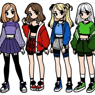 one girl with crop-top shirt and a jacket with a skirt, long socks and another girl with a shirt and pants with a jacket
