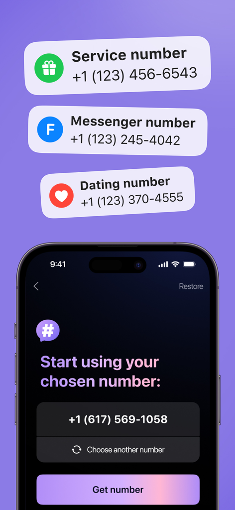 Second Phone Number: 2nd eSIM - サービス、メッセージ、デーティングのカテゴリの仮想電話番号オプションを示すインターフェース