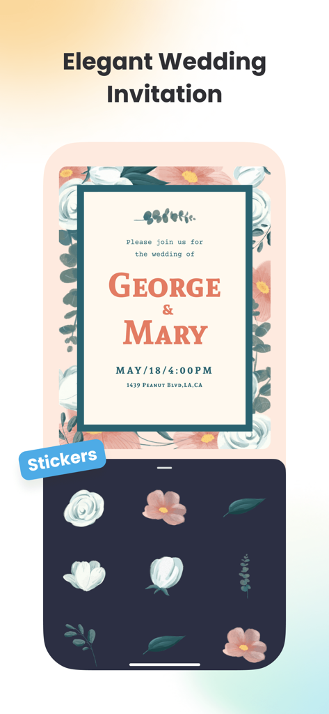 Vivipic - Invitation Maker - A smartphone screen showing an elegant wedding invitation being customized with floral stickers