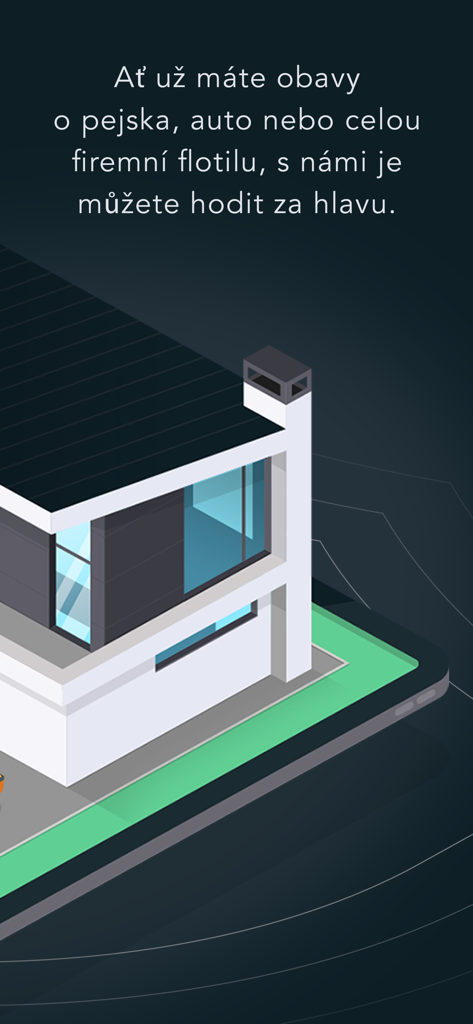 GlobalSec - GlobalSec app screen featuring a modern house illustration and text about monitoring pets and vehicle fleets