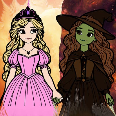 a princess and a witch holding hands realistic
