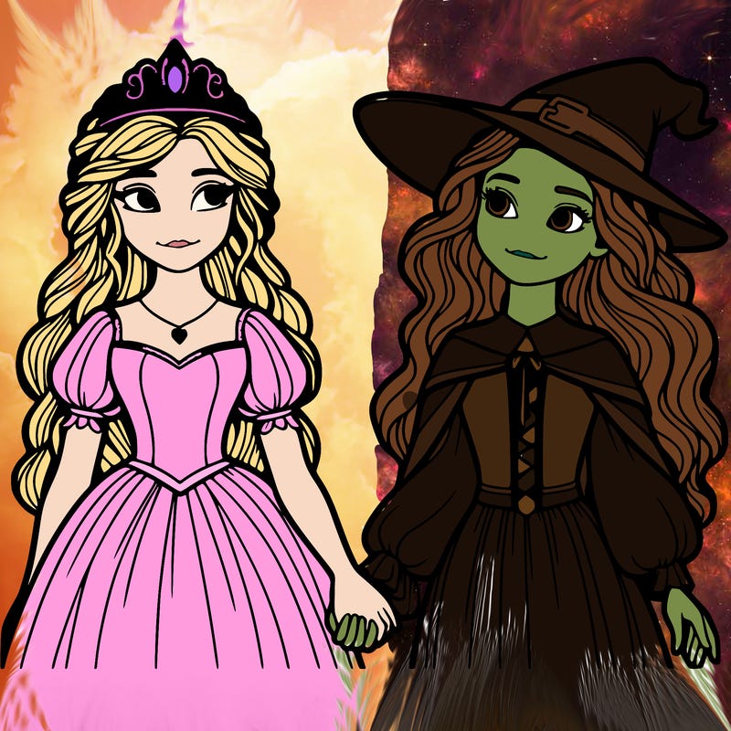 a princess and a witch holding hands realistic