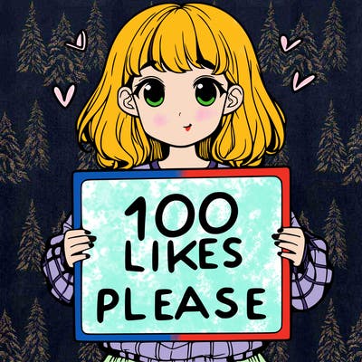 a girl holding a sign saying 100 likes please