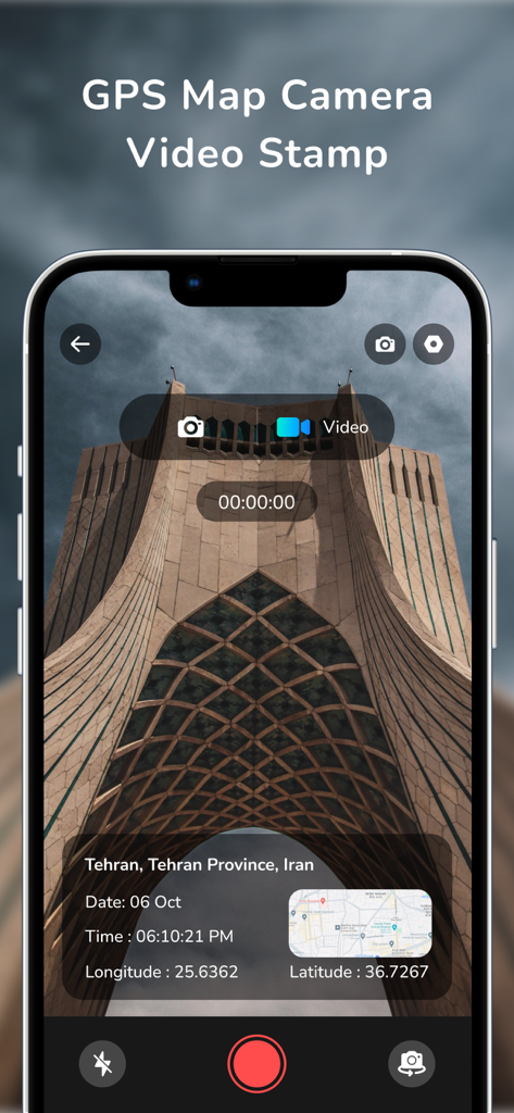 MapStamp - GPS Map Camera - MapStamp app interface showing video recording with GPS coordinates and timestamp