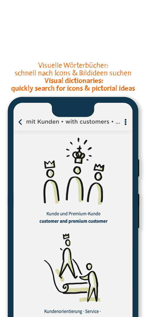 bikablo - Écran de l'application bikablo montrant un dictionnaire visuel avec des icônes pour client et client premium.