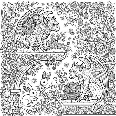 Explore a truly unique Easter scene where vigilant guardian gargoyles oversee a vibrant display of spring flowers and decorated eggs. This intricate design offers a captivating coloring experience blending ancient mystique with cheerful spring festivities.
