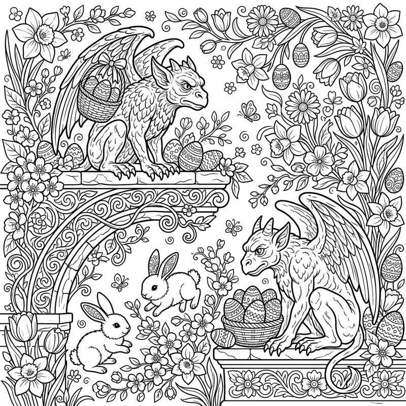 Explore a truly unique Easter scene where vigilant guardian gargoyles oversee a vibrant display of spring flowers and decorated eggs. This intricate design offers a captivating coloring experience blending ancient mystique with cheerful spring festivities.