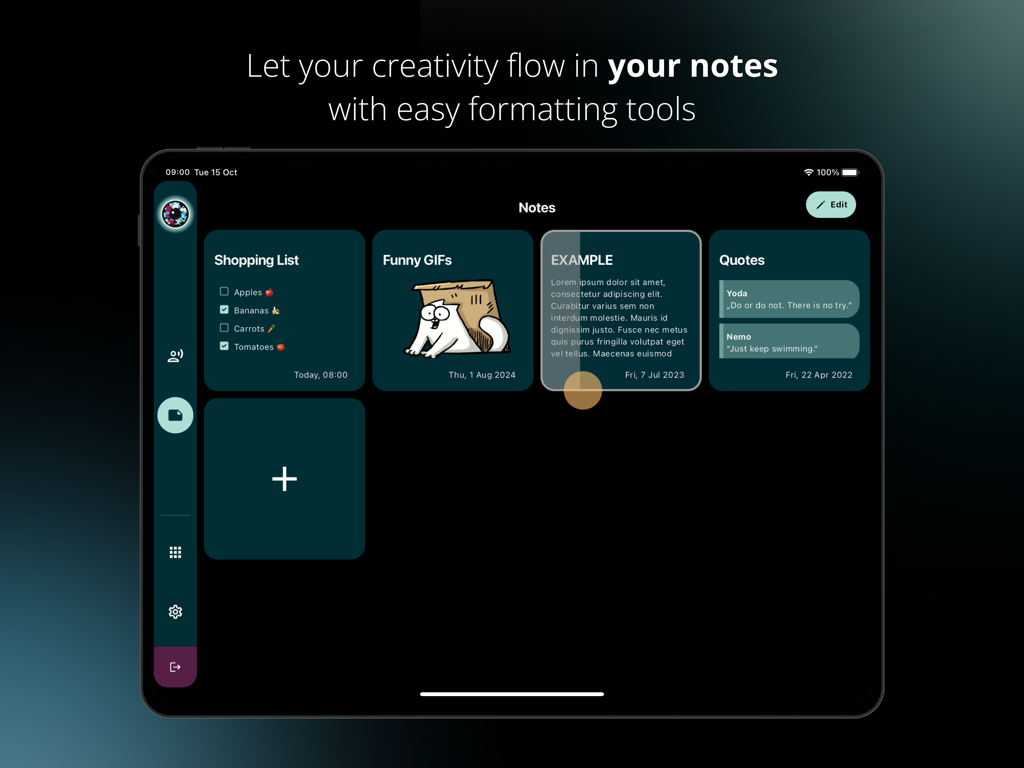 Skyle X - A screenshot of the Skyle X app on an iPad showing a notes dashboard with a gold eye-gaze cursor selecting a note.