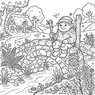 Step into a whimsical world with this delightful Cottagecore Bridge Troll coloring page. This rustic scene features a friendly troll guarding an overgrown stone bridge, inviting you to add your unique splash of color.