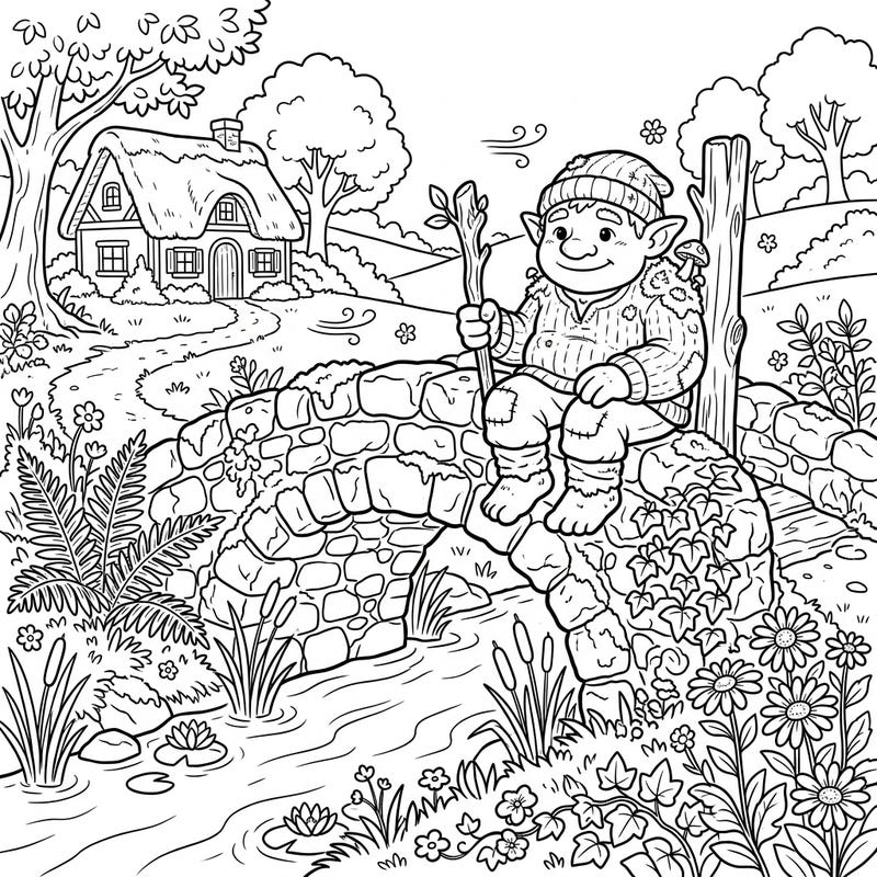 Step into a whimsical world with this delightful Cottagecore Bridge Troll coloring page. This rustic scene features a friendly troll guarding an overgrown stone bridge, inviting you to add your unique splash of color.