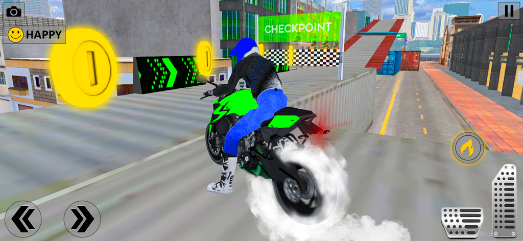 Indian Bike Game KTM Game Sim - Motocicleta KTM verde realizando una acrobacia de derrape en una pista de tejado en el simulador Indian Bike Game