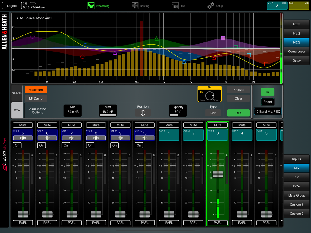 リアルタイムアナライザーとオーディオミキシングフェーダーを表示するdLive MixPadアプリのインターフェース