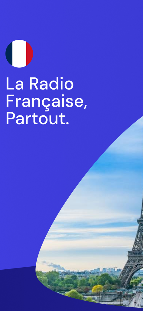 Radio FM app intro screen with the French flag and Eiffel Tower