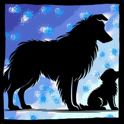 silhouette of a shepherd with his still and baby dog