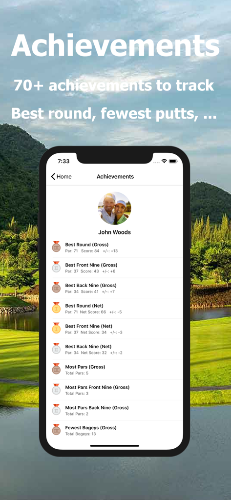 Golf Handicap - Online Golf - Golf Handicap app achievements screen showing a list of personal best records and statistics