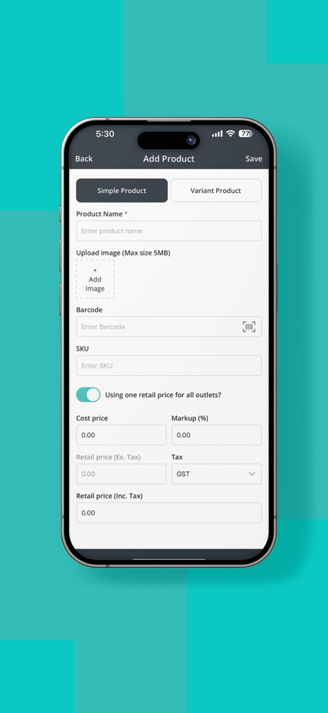 Inventory Scan by Hike - Screenshot of the Add Product screen in Inventory Scan by Hike showing fields for product name barcode sku and pricing information