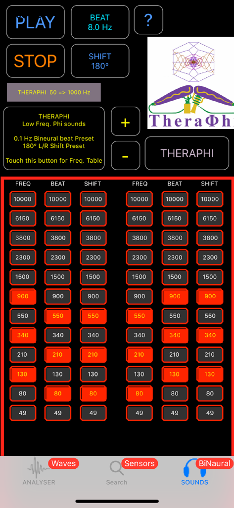 FlameInMind - Interface de sélection des battements binauraux et des fréquences de l'application FlameInMind.