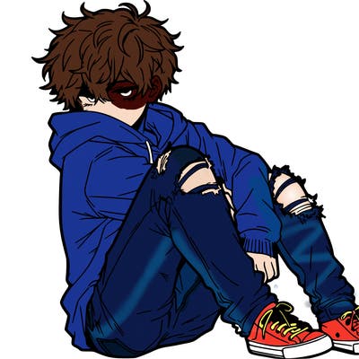 a male hoddie ripped jeans messy hair anime