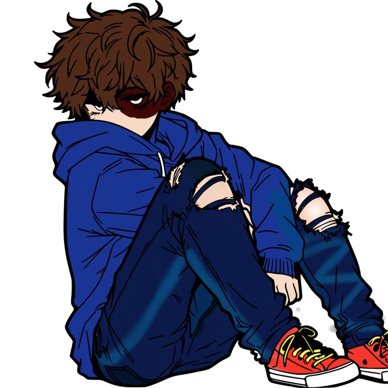 a male hoddie ripped jeans messy hair anime