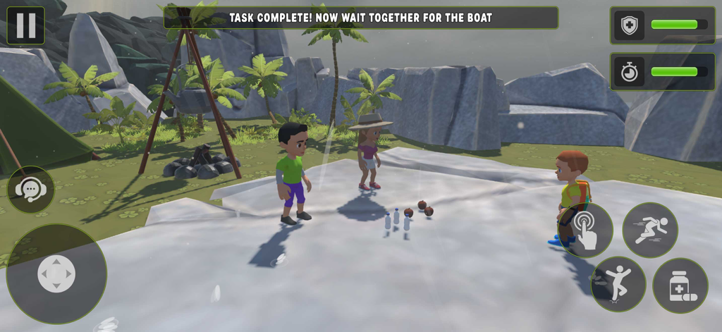 Peak Climb Escape Journey Game - Characters waiting for a rescue boat on a snowy mountain top in Peak Climb Escape Journey Game