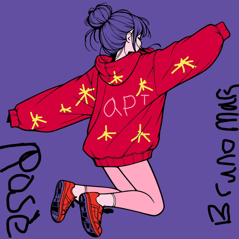 realistic girl jumping with a bun and oversized sweatshirt