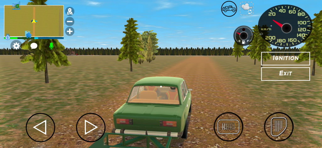 A green sedan driving on a dirt path in an open world environment from the My Broken Car Online mobile game.