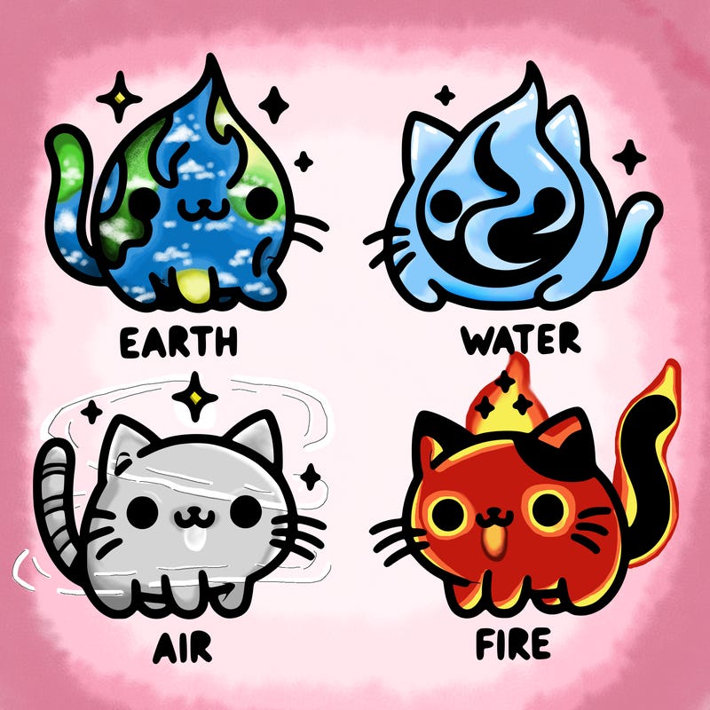 4 cats that represent the different elements, earth, water, air, and fire