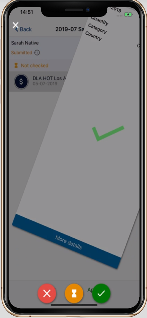 SRXP - SRXP mobile app interface showing a business expense report approval process with a green checkmark icon.