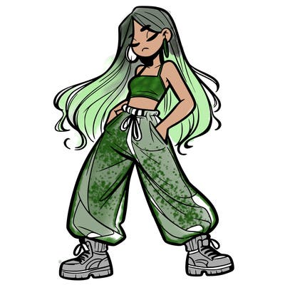 girl in baggy pants crop top and long hair
