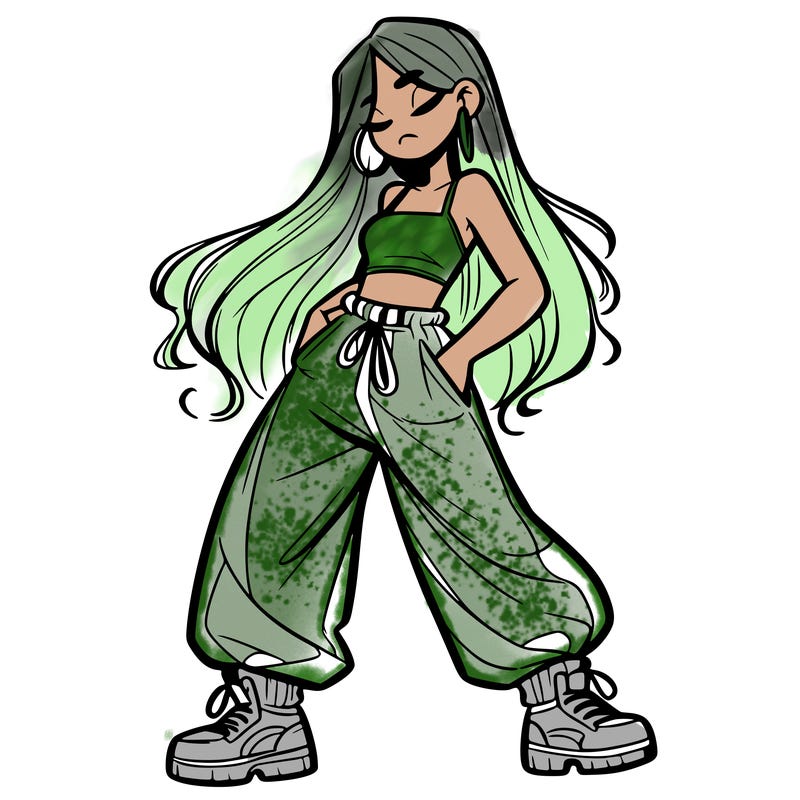 girl in baggy pants crop top and long hair