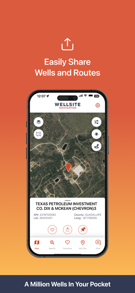 Wellsite Navigator - Smartphone showing the Wellsite Navigator app with a well location on a satellite map and sharing options.