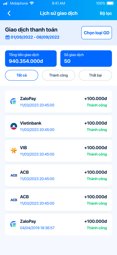 ZaloPay Merchant - Tela de histórico de transações do aplicativo ZaloPay Merchant mostrando vendas totais e registros de pagamento