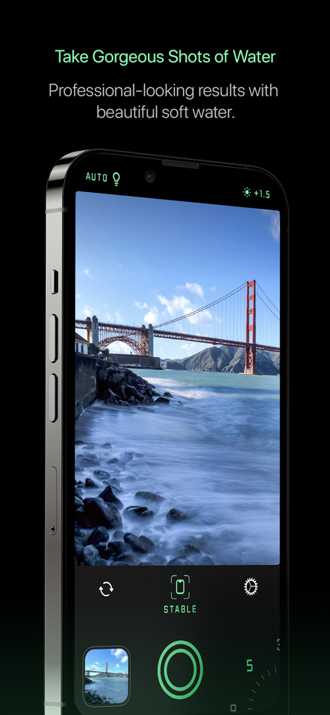 Spectre Camera - Spectre Camera app interface showing a long exposure photo of the Golden Gate Bridge with a soft water effect