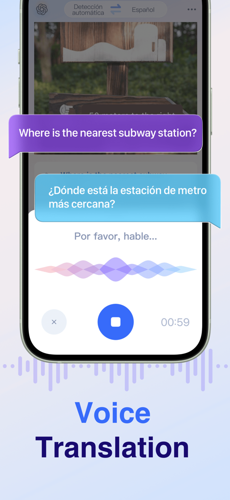 Voice Translate: AI Translator - Pantalla de smartphone mostrando la traducción de voz del inglés al español con un botón de grabación y una forma de onda