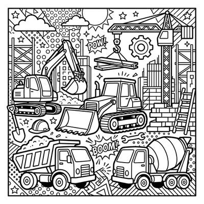 Get ready for action with this exciting Pop Art construction coloring page, bursting with dynamic vehicles and comic-book flair. Perfect for young builders and artists who love bold designs and imaginative play.
