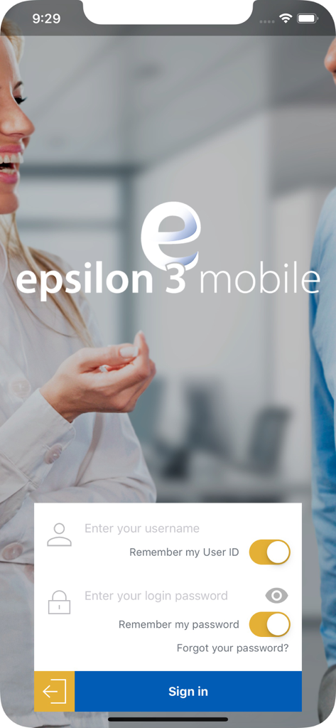 Epsilon 3 Mobile - Login screen for the Epsilon 3 Mobile HR application with username and password fields