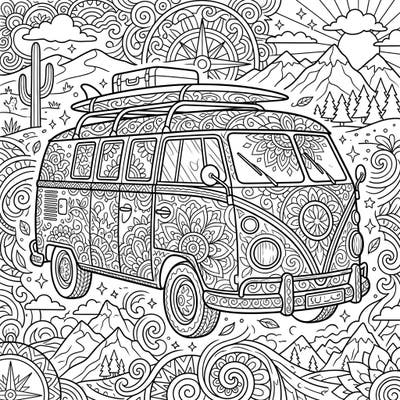 Discover an exquisitely detailed adult coloring page featuring a classic vintage van, adorned with intricate patterns. This complex design offers hours of relaxing artistic engagement for experienced colorists.