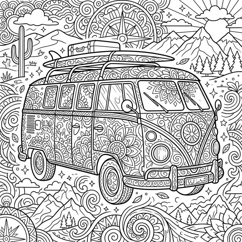 Discover an exquisitely detailed adult coloring page featuring a classic vintage van, adorned with intricate patterns. This complex design offers hours of relaxing artistic engagement for experienced colorists.