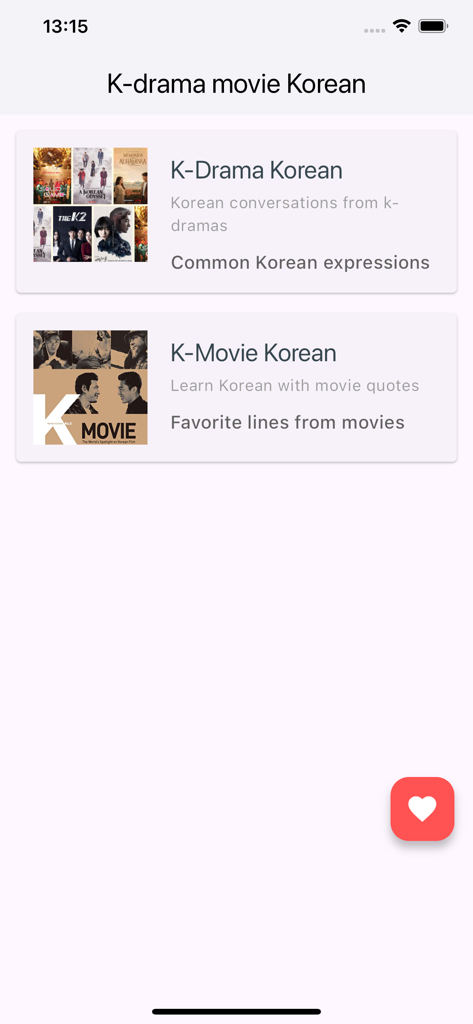 Menu principal do aplicativo Coreano de K-drama e K-movie com categorias de aprendizado para dramas e filmes