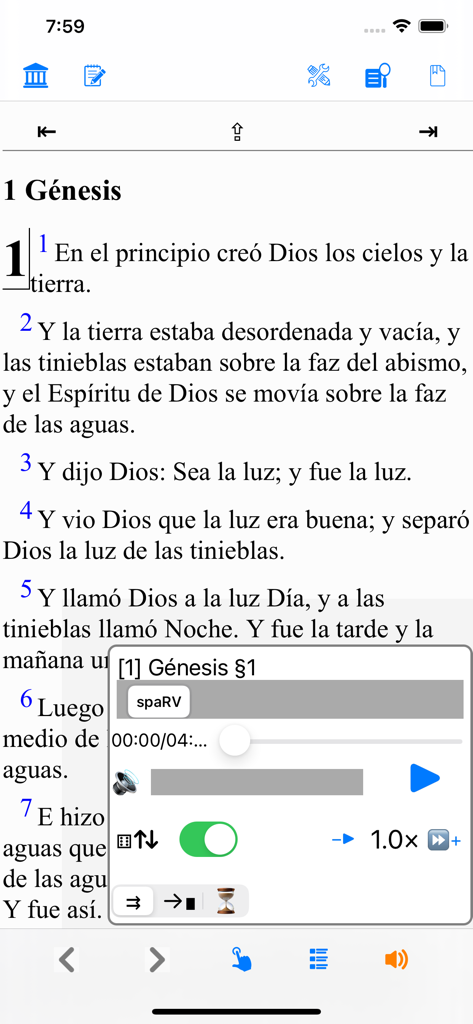 Santa Biblia Ver: Reina Valera - Spanish Bible app interface showing the book of Genesis with text and audio playback settings