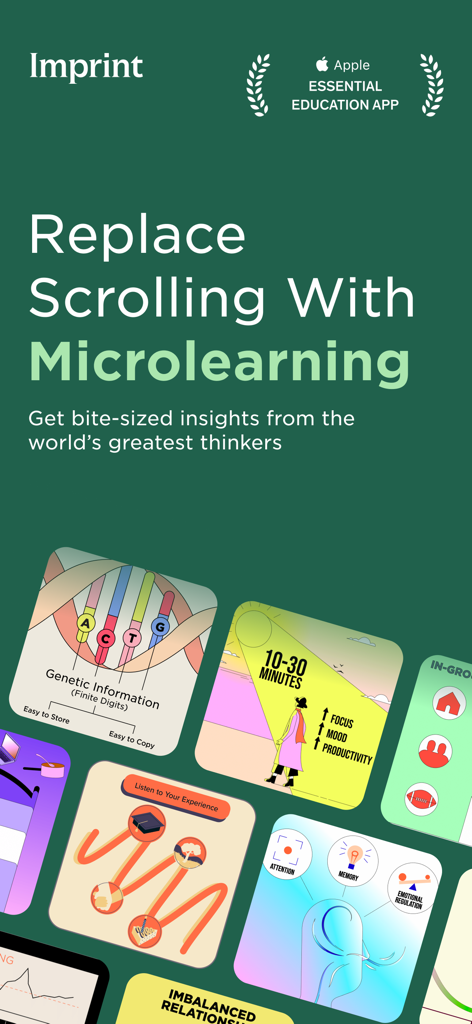 Imprint: Visual Micro Learning - Promotional screen for Imprint app with the headline Replace Scrolling With Microlearning and colorful educational cards