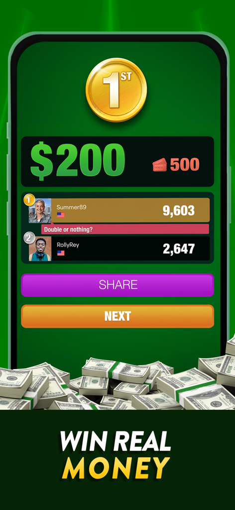 Pool Payday Spielbildschirm, der einen 200-Dollar-Preis und Wettbewerbsergebnisse anzeigt.