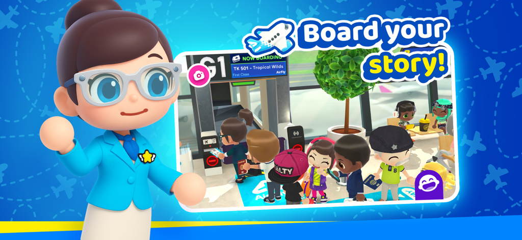 World Travel Stories - Airport - Personaggio assistente di volo dei cartoni animati al gate dell'aeroporto con viaggiatori diversi nel gioco World Travel Stories.