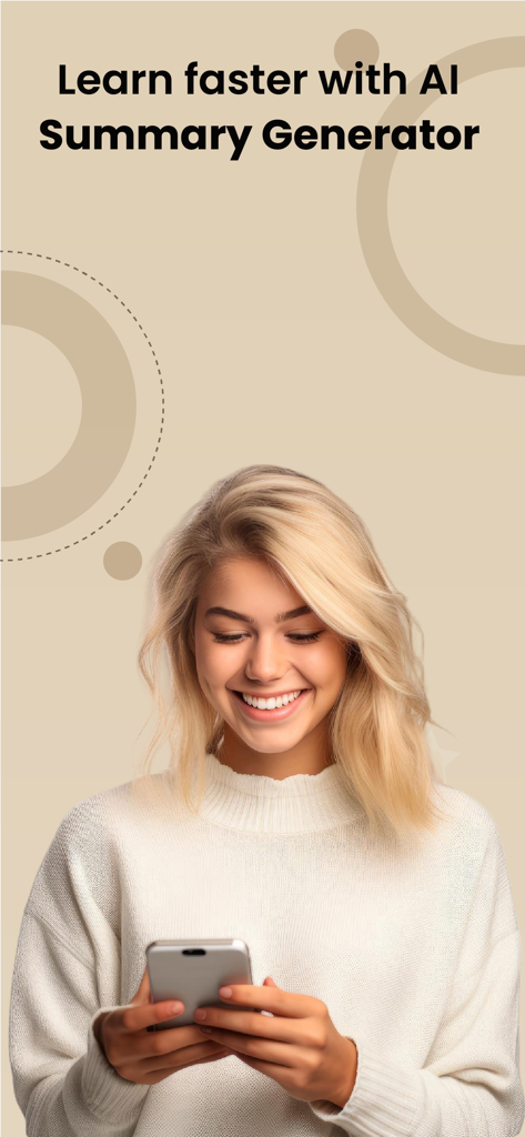 AI Summary: Text & Image - Una joven sonriendo mientras usa la aplicación AI Summary Generator en su smartphone