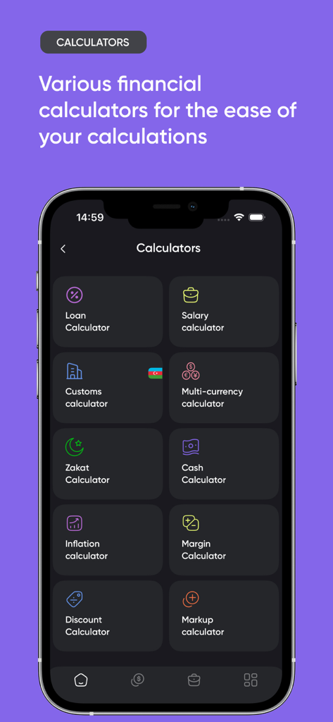 Ein Menü von Finanzrechnern in der Valyuta-App, einschließlich Darlehens-, Gehalts- und Zakat-Rechnern
