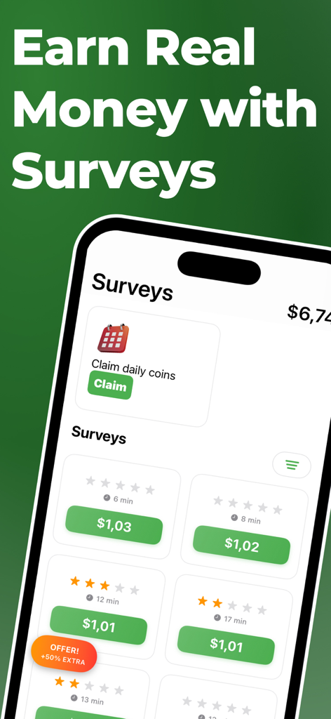 Smartphone screen displaying a list of available paid surveys with cash rewards and time estimates.