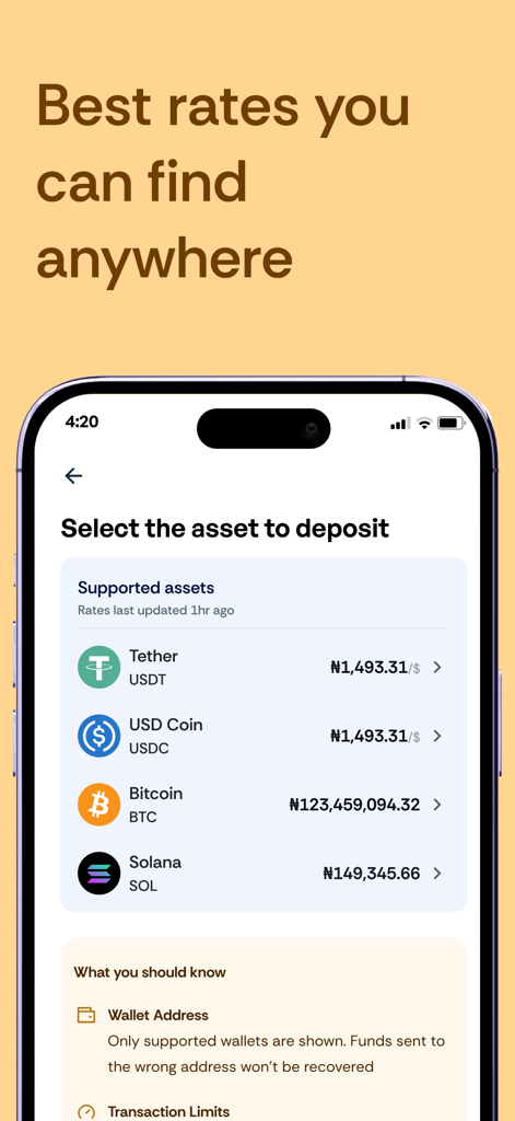 Xebar mobile app screen displaying competitive exchange rates for USDT BTC and USDC to Nigerian Naira