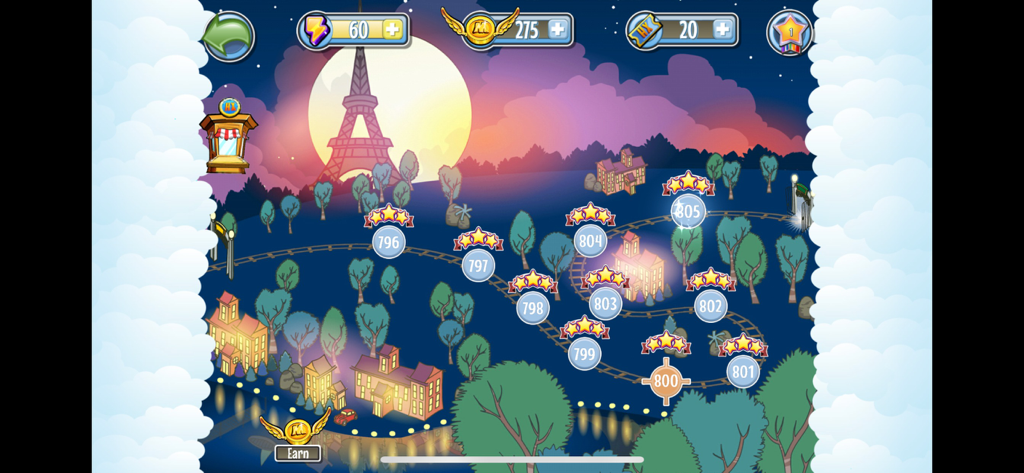 Hidden Express - Level selection map in Hidden Express featuring a night scene with the Eiffel Tower and a train track.