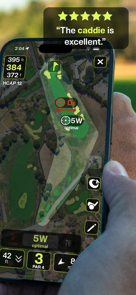 Tangent Golf: GPS Smart Caddie - A smartphone showing the Tangent Golf app's GPS map with club recommendations and a five-star user review stating the caddie is excellent.