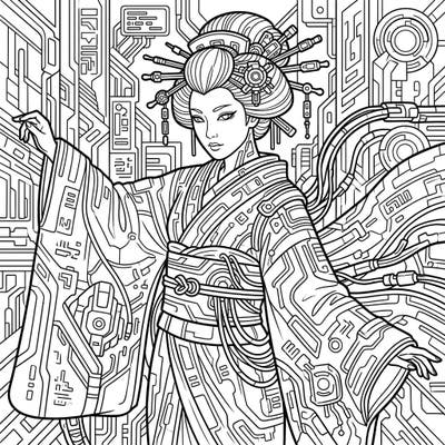 Experience a captivating fusion of tradition and technology with this unique Geisha Kimono Cyberpunk coloring page. Unleash your creativity on intricate patterns blending ancient elegance with futuristic flair.